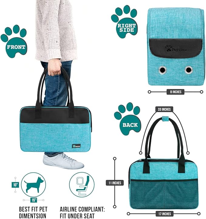 PetAmi Dog Purse Carrier for Small Dogs, Airline Approved Soft Sided Pet Carrier with Pockets, Ventilated Dog Carrying Bag for Puppy Cat, Dog Travel Supplies Bag, Sherpa Bed, Max 12 lbs, Teal Blue
