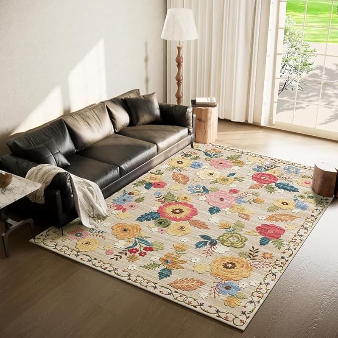 Washable Area Rugs for Living Room: 6x9 Area Rug for Bedroom Vintage Floral Large Rug Stain Resistant Non Slip Low Pile Faux Wool Soft Rugs for Entryway Dining Room Bedside Kitchen Nursery