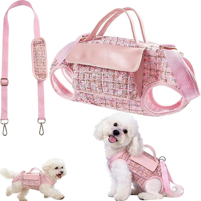 Dog Lift Harness Backpack for Small Dogs, Adjustable Straps Dog Sling Carrier for Hiking, Travel, Outdoor ??Pink Large