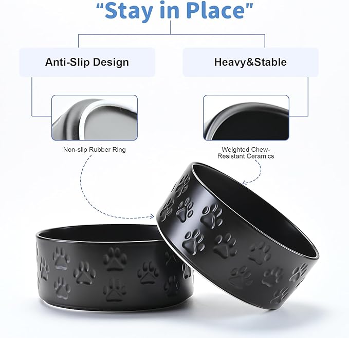SPUNKYJUNKY Ceramic Dog and Cat Bowls 2 Pack, 6.1'' Dog and Cat Food Water Double Feeding Bowls Non-Slip for Large Sized Breed Microwave Dishwasher Safe - 28.7 OZ, 2pcs, Paw Black