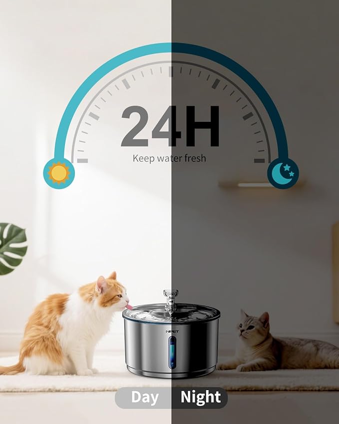 NPET Stainless Steel Cat Water Fountain, 1Gallon/135oz Automatic Pet Drinking Fountain Dog Water Dispenser with 8 Replacement Filters for Cats Indoor