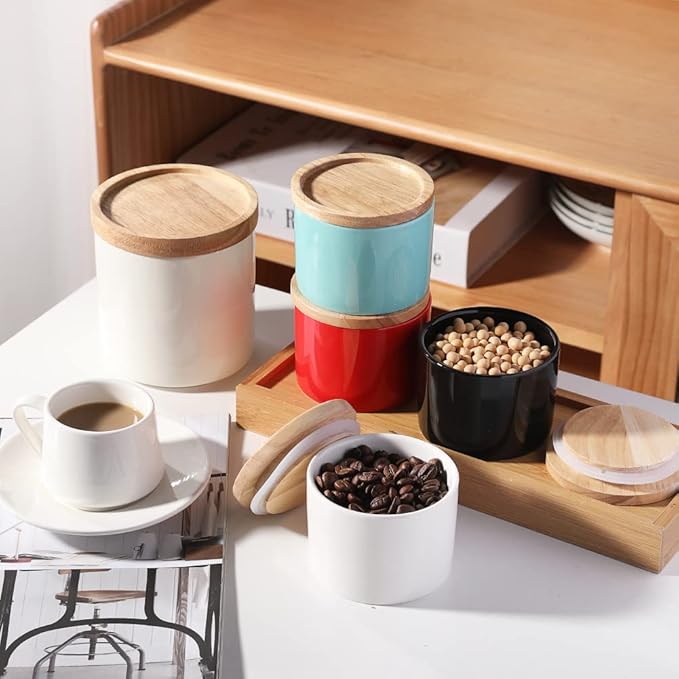 Sweejar Kitchen Canisters Ceramic Food Storage Jar, Stackable Containers with Airtight Seal Wooden Lid for Serving Ground Coffee, Tea, Sugar, Spice and More - 5 Fl Oz(Black)
