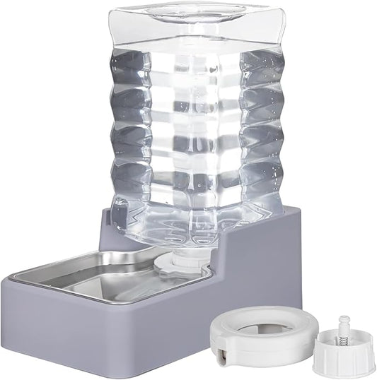 Sfozstra Dog Water Bowl Dispenser: 8L Lagre Automatic Gravity Light Gray Upgraded Pet Water Dispenser - Stainless Steel Bowl - BPA-Free - Two Caps and Filters for Multiple Pets