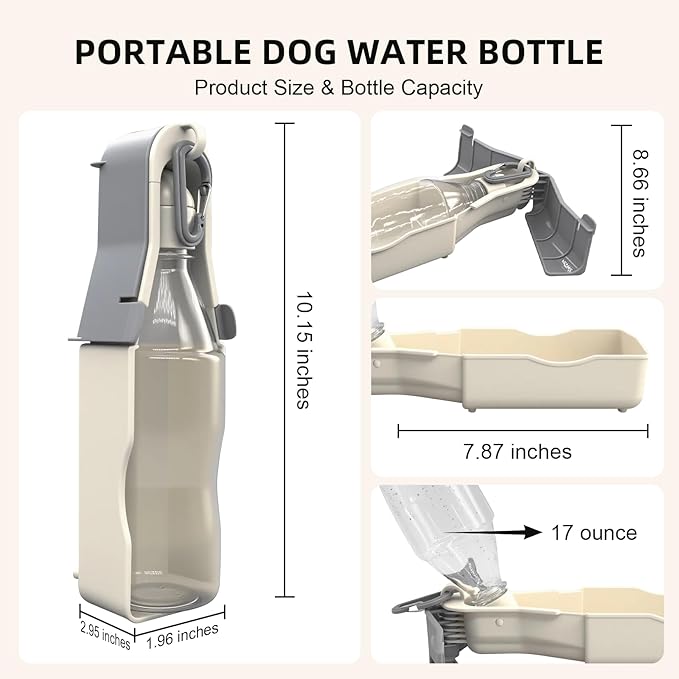 Portable Dog Water Bottle,Dog Water Bottle, 17Oz Travel Dogs Water Bottles,Travel Accessories for Dogs, Walking, Hiking and Outdoor Activities(Off-White,17Oz)