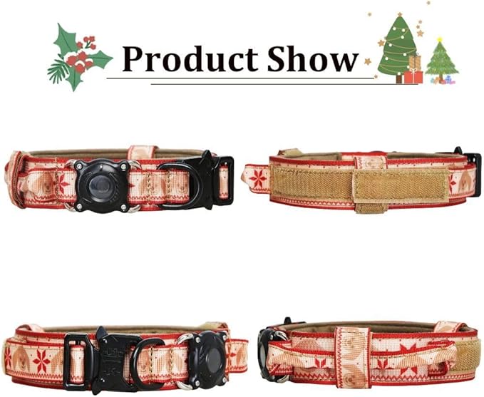 Christmas Tactical Dog Collar and Leash Set with Airtag Holder Waterproof Dog Airtag Collar with Handle Adjustable Heavy Duty Dog Collar Leash Set(Christmas Red，L