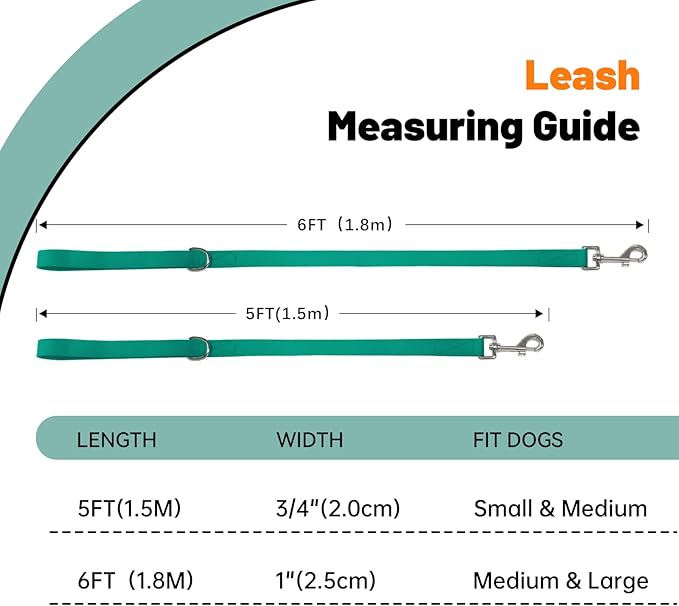 Waterproof Dog Leash, 5/6 FT Durable Odor-Proof Dog Leashes with Strong Metal Hooks Fits Small Medium or Large Dogs (Emerald Green, 5FT - 3/4 inch Width)
