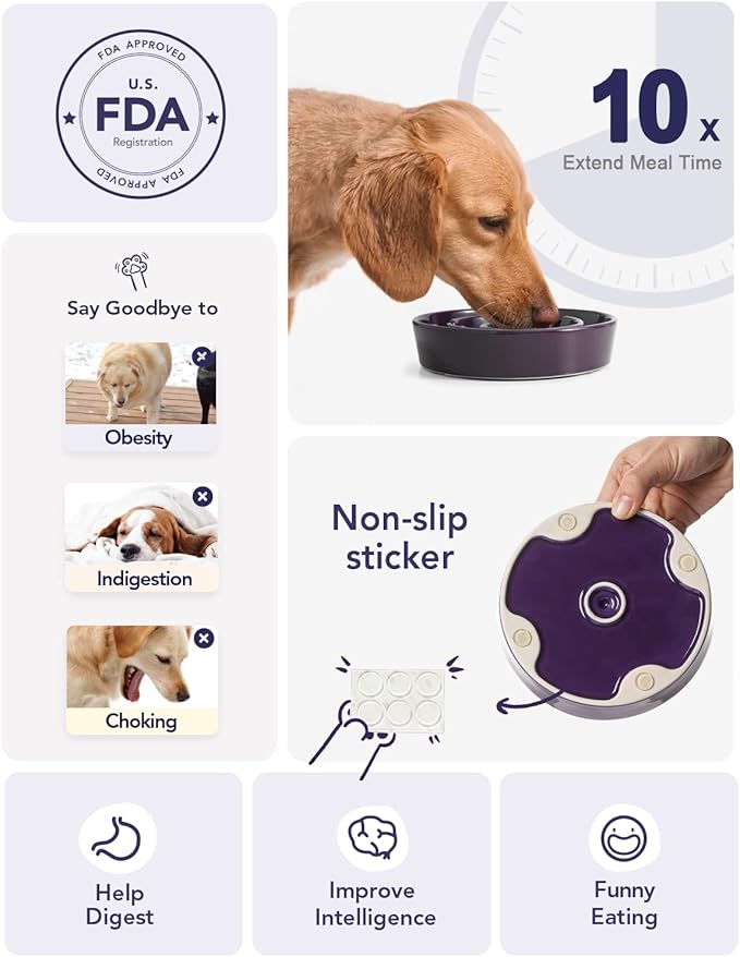 LE TAUCI Ceramic Slow Feeder Dog Bowls Small Breed, 0.6 Cups Dog Food Dish for Fast Eaters, Puzzle Bowl for Small Dogs and Cats,Purple