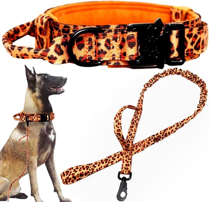 Tactical Dog Collar and Leash Set Tactical Dog Collar with Handle Bungee Leash Adjustable Military Training Nylon Collar Dog Training Collar Leash Set with Control Handleand Metal Buckle（Leopard S