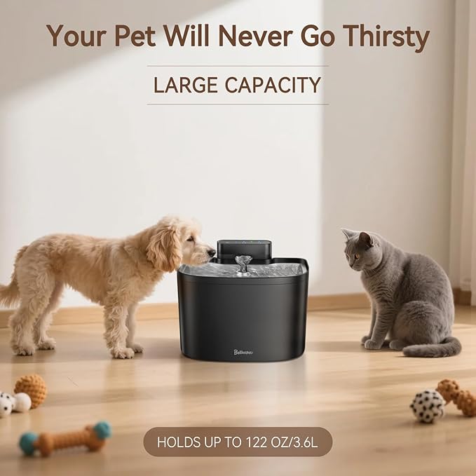 Cat Water Fountain, App Control Wireless Cat Fountain, 122oz/3.6L Pumpless Water Fountains for Cats Indoor with Stainless Steel Tray, Wi-Fi Dog and Pet Water Fountain (Black, Fountain+8 Fliters)