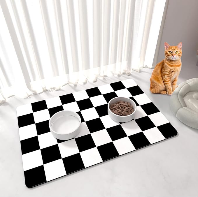 Pet Feeding Mat, 16"x 24" Absorbent Dog Food Mat, Checkered Cat Bowl Mats, Easy to Clean Pet Placemats, Quick Dry Dog Water Dispenser Mats for Messy Drinkers, Black & White