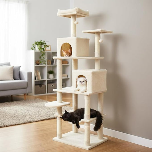 Tangkula Cat Tree for Indoor Cats, 75 Inch Extra Tall Cat Tower with Sisal Scratching Post, Padded Top Perch, Dual Condos, Hammock, 2 Dangling Balls, Platforms, Multi-Level Cat Climbing Furniture