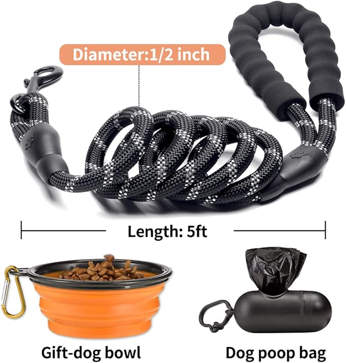 COOYOO 2 Pack Dog Leash 5 FT Heavy Duty - Comfortable Padded Handle - Reflective Dog Leash for Medium Large Dogs with Collapsible Pet Bowl
