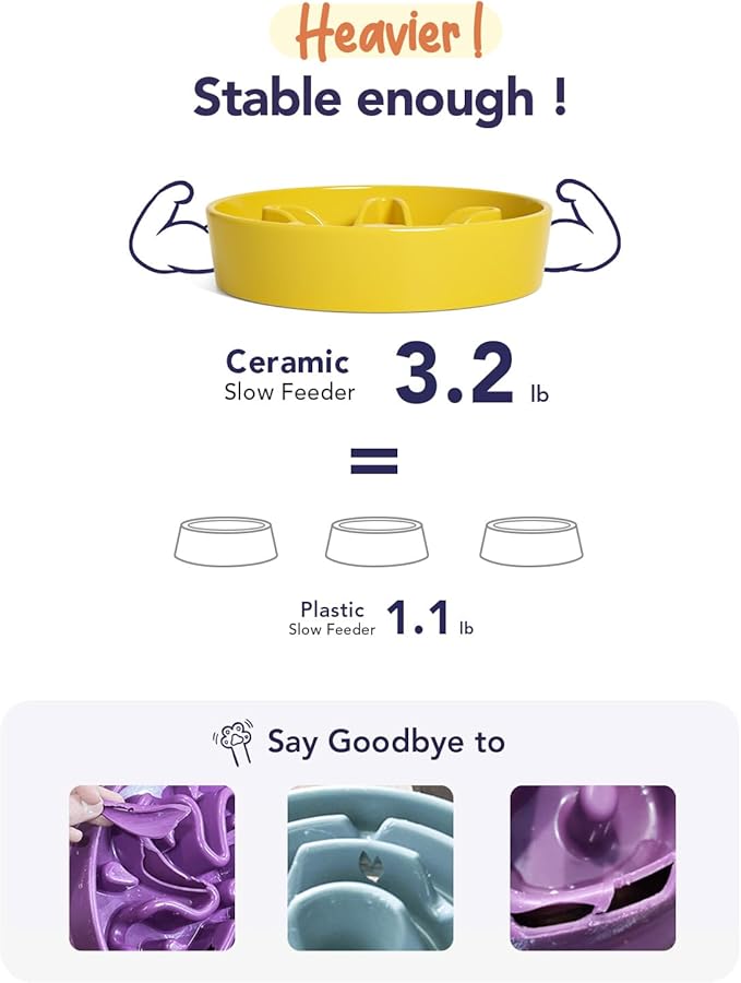 LE TAUCI Slow Feeder Dog Bowls Ceramic, 1.5 Cups Dog Food Bowl, Puppy Slow Feeder Dish for Fast Eaters, Star Yellow