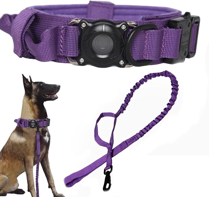 Xqpetlihai Tactical Dog Collar with Airtag Holder Waterproof Airtag Dog Collar with Control Handle and Metal Buckle(DeepPurple，L
