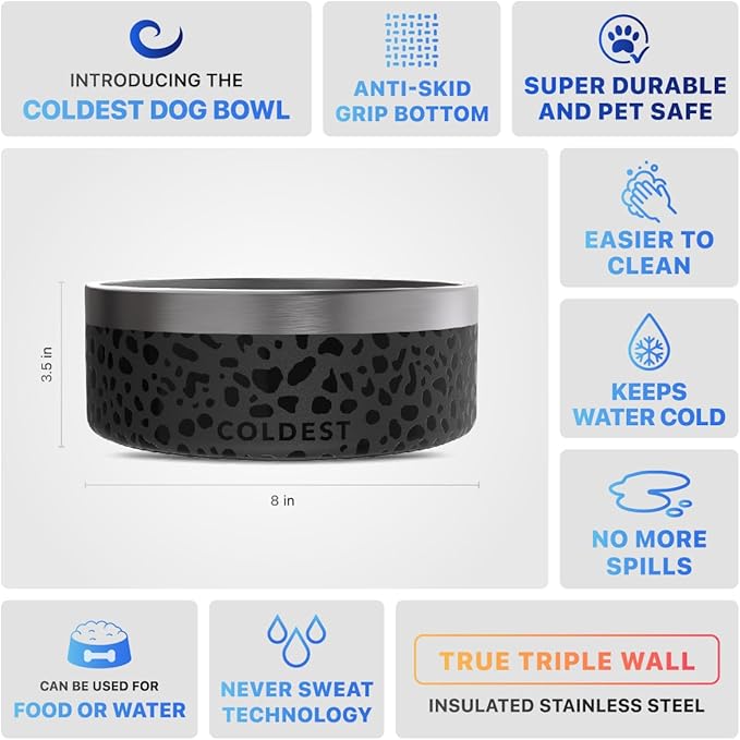 Coldest Dog Bowl - Anti Rust Metal, Non Slip, 3 Layers Insulated Stainless Steel Dog Bowls - Spill Proof & Heavy Duty - Water Bowl for Dogs, Cats & Pets, Dish Washer Safe (64 oz, Black Leopard)