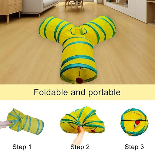 Cat Tunnel Tube Toys，Tunnels for Indoor Cats, Collapsible Interactive Toy with Balls for Rabbits, Kittens, Ferrets, Puppy (3 Way Yellow Green)