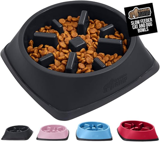 GORILLA GRIP Patented BPA Free Slow Feeder Dog Bowls, Interactive Puzzle Toy for Dogs and Cats Food Training Enrichment, Keeps Pets Busy and Prevents Puppy Overeating, All Breeds, 2 Cup, Black