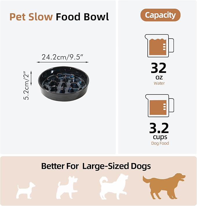 Ceramic 3.2 Cup Dog Bowl Slow Feeder, 9.5 inch Slow Pet Food Dish for Large Dog, Stop Bloat, Preventing Choking(Single Bowl, Starry Sky)
