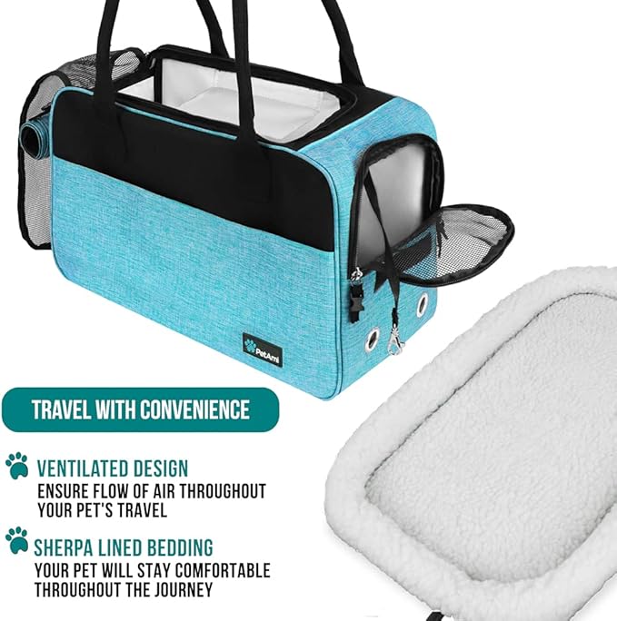 PetAmi Dog Purse Carrier for Small Dogs, Airline Approved Soft Sided Pet Carrier with Pockets, Ventilated Dog Carrying Bag for Puppy Cat, Dog Travel Supplies Bag, Sherpa Bed, Max 12 lbs, Teal Blue