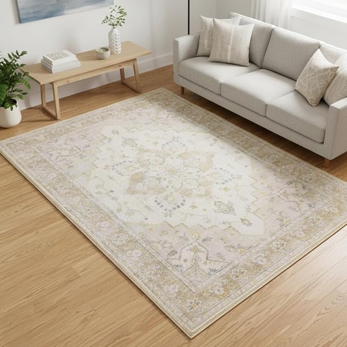 Muddy Mat짰 Champagne 5ft x 7ft Washable Area Rugs for Living Room, Bedroom & Dining Room ??Modern Soft Low Pile Non Slip Carpet ??Pet Friendly Waterproof Foldable Rugs for Home