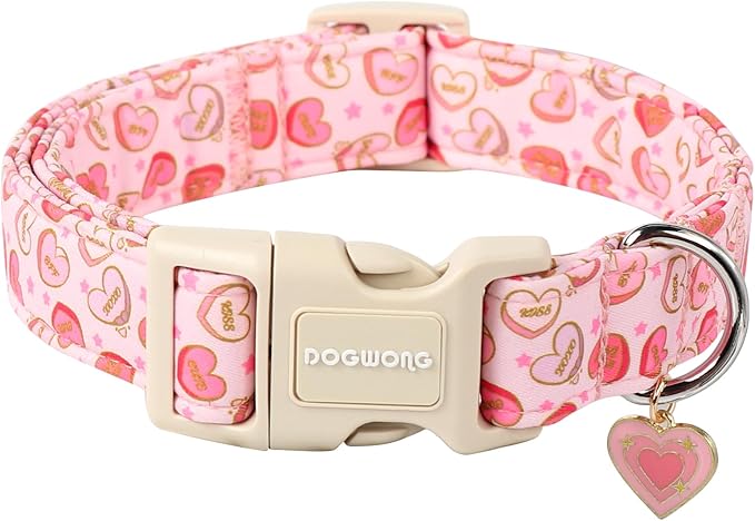 DOGWONG Pink Heart Valentine Dog Collar, Medium, Soft, Adjustable, Cute, for Small to Large Dogs