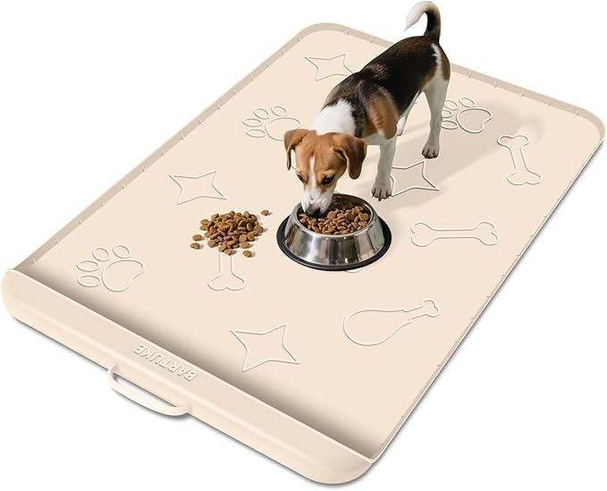 Dog Food Mat with Collection Pocket, 42''x28'' Extra Large Silicone Pet Feeding Mat for Food and Water, Waterproof Anti-Slip Dog Mat with Edge and Handle, Pet Placement for Floor (Beige)