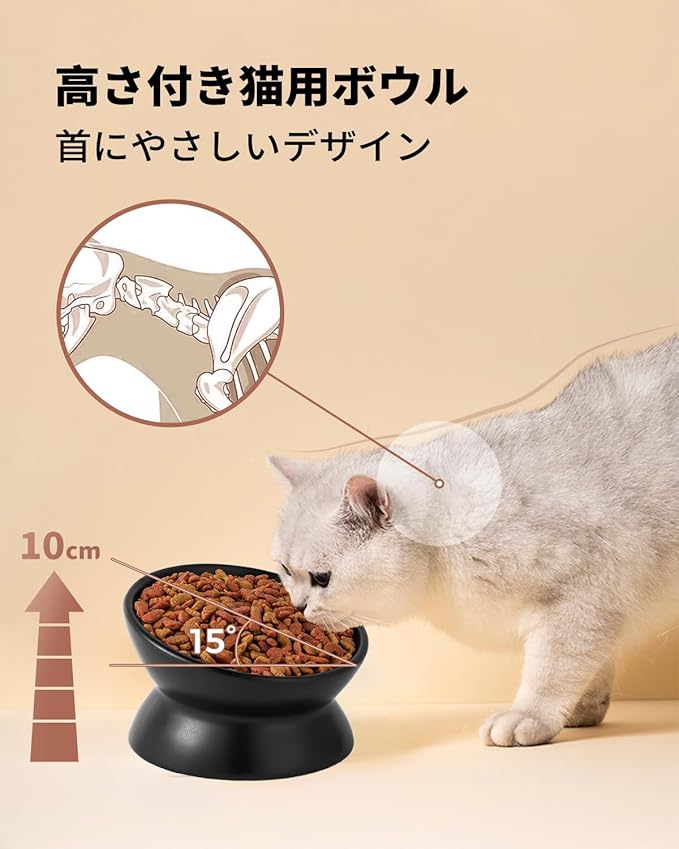 LoeJan Elevated Cat Food Bowl, 5 Oz Ceramic Raised and Tilted Water Bowl, Anti Vomiting and Protect Pets' Spines Dishes for Small Dog, Fat Faced Cat, Kitten (Black, 2 Pack)