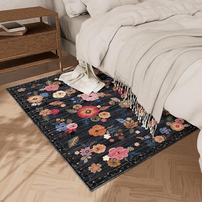 Washable Small Entryway Area Rugs: 2'x3' Floral Rug Non Slip Door Mat Indoor Entrance Stain Resistance Low Pile Throw Rugs for Inside Front Door Floor Bedroom Bedside Kitchen Nursery Kids Room Entry