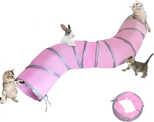 Cat Tunnel Tube Toy Collapsible 2 Way Pink, Pet Tunnels for Indoor Cats, Long Tubes for Kitten, Puppy, Rabbit, Interactive Toys for Fun Playtime & Exercise