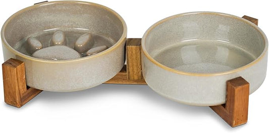 Ceramic Slow Feeder Dog Bowl Set with Stand, Cute Paw Slow Feeding Food Bowl and Water Bowl for Small Breed, 5.2" Ceramic Non Slip Dog Dishes, Grey