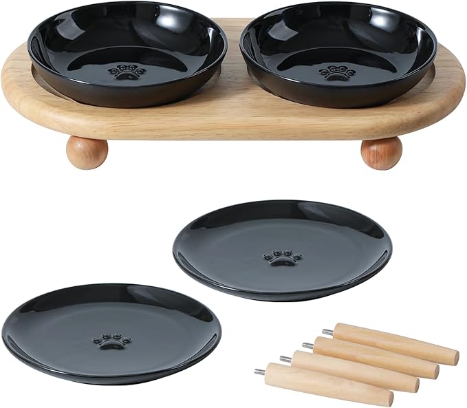 Raised Ceramic Cat Dishes, Food& Water Bowl with 2 Style Stand Adjustable Raised Pet Bowl Set, Anti Whisker Fatigue(2Dish+2Shallow Dish+Stand, Black