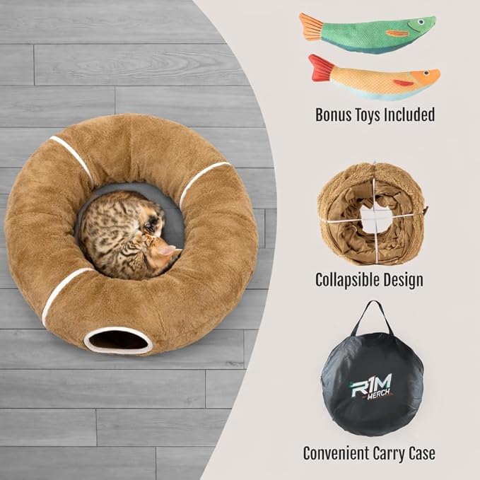 R1M Cat Tunnel Bed for Indoor Cats, Cute Cat Donut Tunnel Toys for Small, Larger Cats with Two Fish Cat Toys, Round Pet Peekaboo Cave Toy for Kitten, Brown