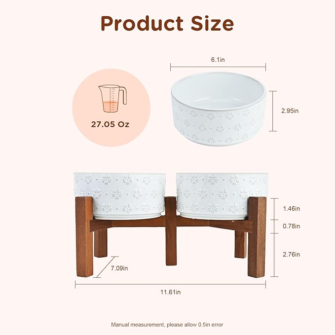 SPUNKYJUNKY Ceramic Dog Bowls with Acacia Wood Stand Raised Food and Water Bowl for Small Medium Sized Dog (Deep, 15.5cm)