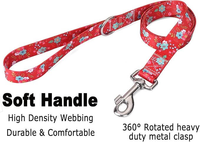 Dog Collar and Leash Set with Bohemia Floral Tribal Geometric Patterns - Soft Ethnic Style Collar Adjustable for Small Medium Large Dogs(Red Floral Set,L)