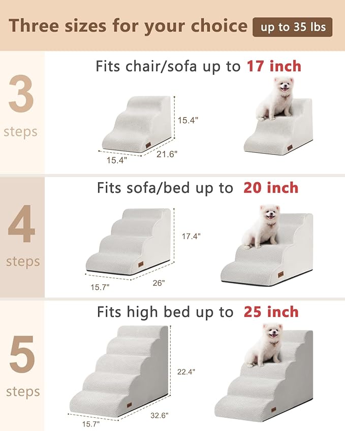 Dog Stairs for Small Dogs,3 Step Dog Ramp for Couch and Bed,Pet Stairs with Non-Slip Bottom for Old Cats,Indoor Pet Steps,Comfort,Durable,15.4" H,Light Grey