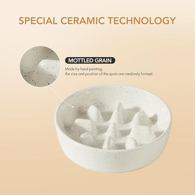 Ceramic 1.2 Cup Raised Slow Feeder Dog Bowl Set, Elevated 6.1inch Bowl and 7.3inch Slow Feeder Dish with Acacia Wood Stand for Small and Medium Dogs (2 x Reactived Glaze -White+ Stand)
