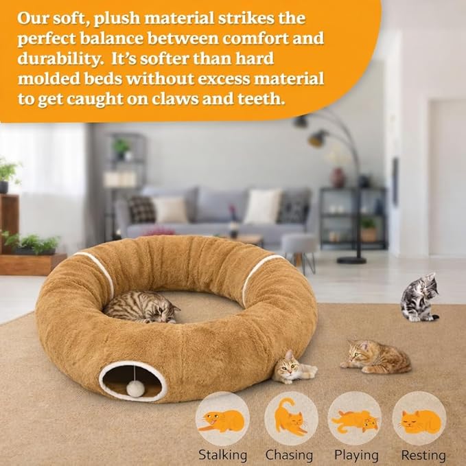 R1M Cat Tunnel Bed for Indoor Cats, Cute Cat Donut Tunnel Toys for Small, Larger Cats with Two Fish Cat Toys, Round Pet Peekaboo Cave Toy for Kitten, Brown