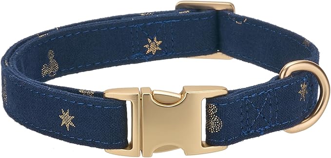 Cotton Fibric Dog Collar with High Grade Metal Buckle,for Large Dogs(Dark Blue,Large:17-26")