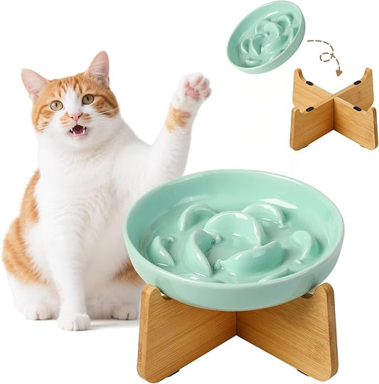 Elevated Slow Feeder Cat Bowl - Ceramic Cat Food Dish with Anti-Slip Bamboo Stand - Whisker Friendly Feeding Bowl - Raised Maze Plate for Slow Down Eating - Mint Green