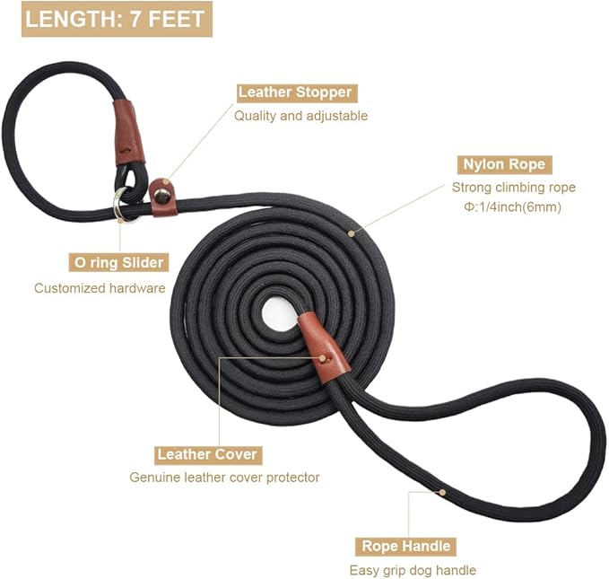BTINESFUL 7ft Slip Lead Dog Leash, Strong Nylon Rope Leash, 1/4" Dog Training Lead for Small Medium Dogs, 14+ Colors (1/4" * 7 FT, Black)