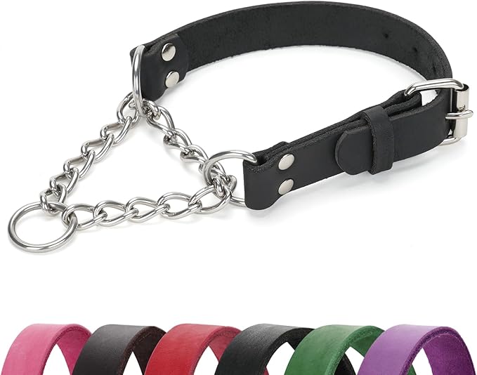 Martingale Collar for Dogs No-Pull Adjustable Training Collar with Stainless Steel Chain - Genuine Leather Anti-Slip Design for Small,Medium,Large Breed Dogs - Black (M)