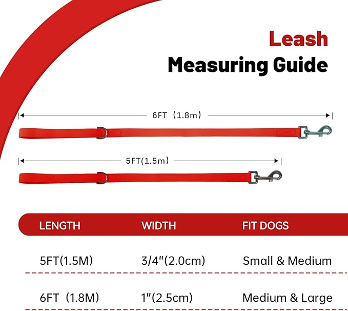 Waterproof Dog Leash, 5/6 FT Durable Odor-Proof Dog Leashes with Strong Metal Hooks Fits Small Medium or Large Dogs (Red, 5FT - 3/4 inch Width)