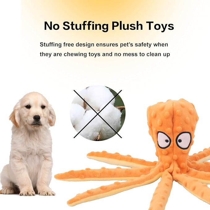 Octopus Squeaky Plush Dog Toys - No Stuffing, Crinkle, Durable for Puppy Teething, Small to Large Dogs, 2 Pack