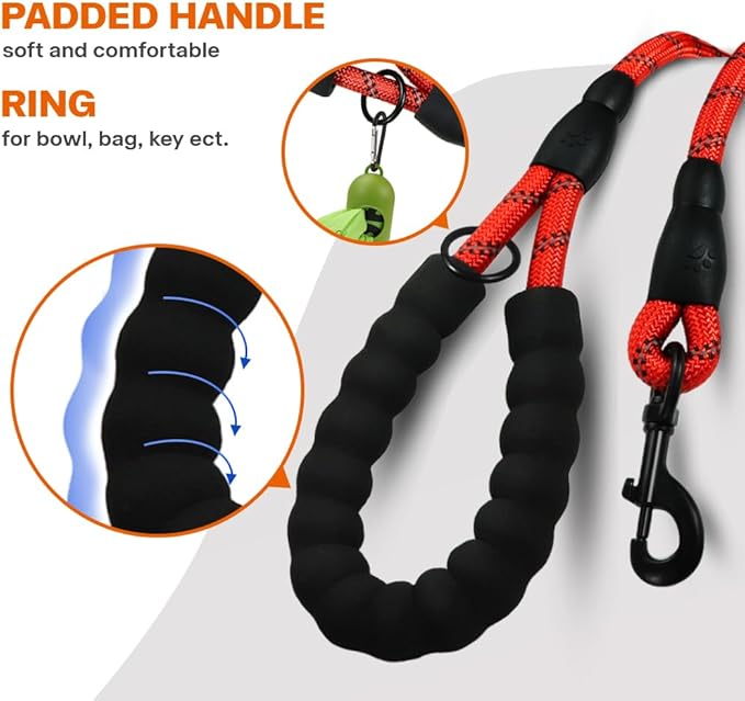 Taglory Rope Dog Leash 4 FT with Comfortable Padded Handle, Highly Reflective Threads Leash for Medium Large Dogs, 1/2 inch, Red