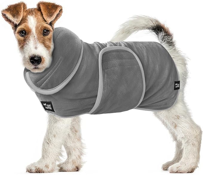 Tuff Pupper Fast Drying Dog Bath Robe | 800 GSM Plush Dog Towel Bathrobe/Dressing Gown | Super Absorbent Pet/Puppy Bathrobe | Adjustable Hood & Belly Strap | Super Soft | Fast Drying (XS, Gray)