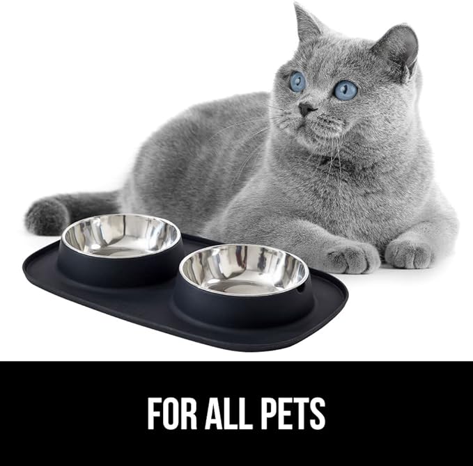 GORILLA GRIP Feeding Mat Set, Patent Pending 100% Waterproof BPA Free Silicone, Stainless Steel Cat and Dog Bowls, Slip Resistant, High Edges Catch Water Food, US Designed Pet Accessories, 2 Cup Black