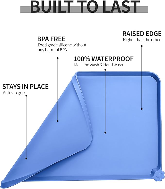 Waterproof Pet Feeding Mat with High Raised Edges, Heavier and Thicker Placemats for Cat Dog Water Bowl with BPA Free, Dogs Cats Food Mats for Messy Drinkers to Prevent Spill and Protect Floors