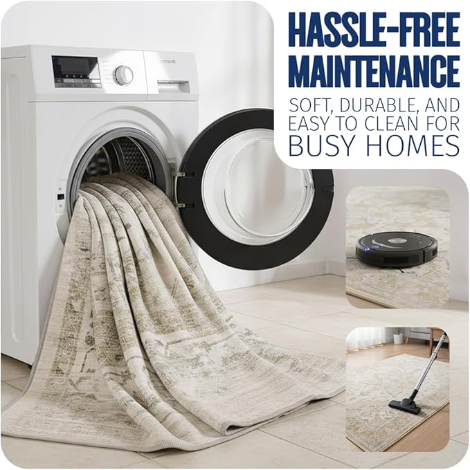 Muddy Mat짰 Champagne 5ft x 7ft Washable Area Rugs for Living Room, Bedroom & Dining Room ??Modern Soft Low Pile Non Slip Carpet ??Pet Friendly Waterproof Foldable Rugs for Home