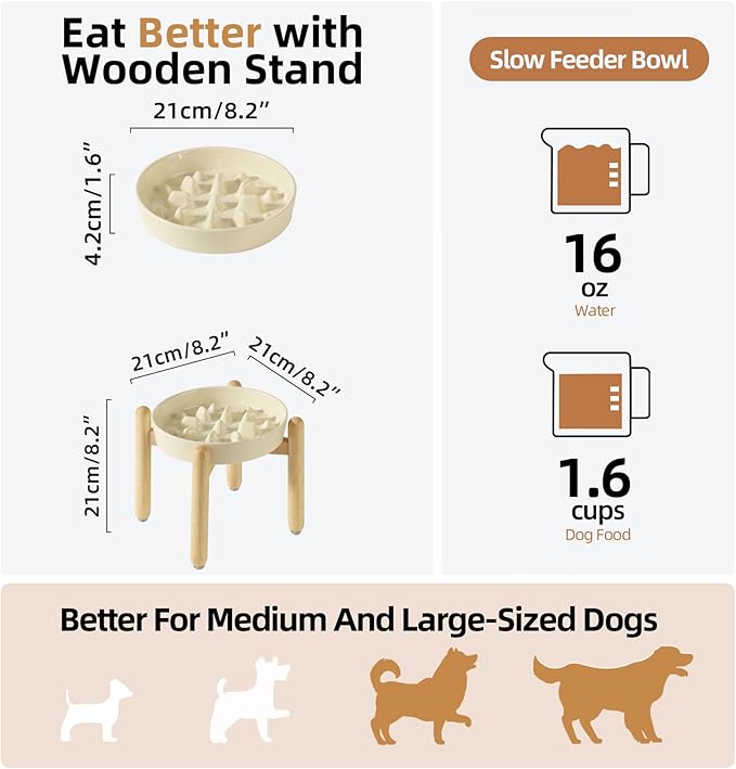 Ceramic 1.6 Cup Dog Raised Slow Feeder Set, Elevated Bowl with Wooden Stand for Medium and Large Dog, 8.2inch Slow Feeder Dish for Fast Easters, Anti-Gulping(Beige, Single Bowl+ Stand)