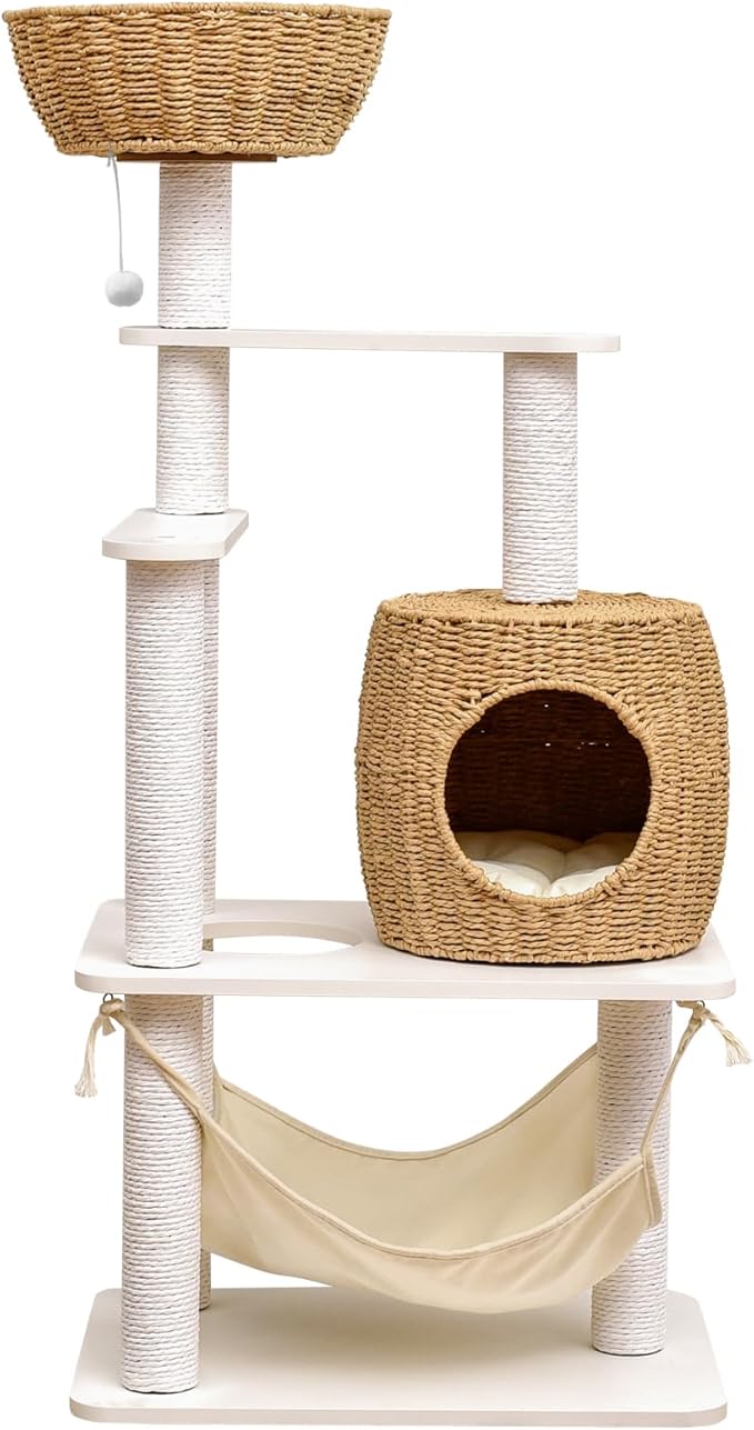 40-Inch Cat Tree with Condo & Hammock, Multi-Level Cat Tower for Indoor Cats with Sisal Scratching Posts, Dangling Ball, Plush Perch, and Removable Cushion, White